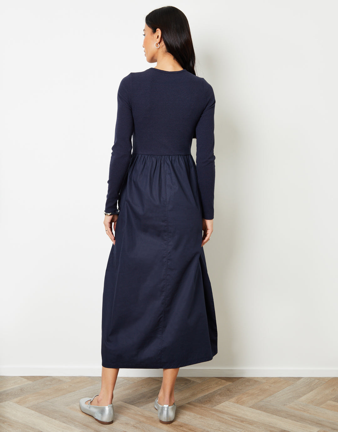 Navy Rib Jersey 2-in-1 Midi Dress with Poplin Skirt