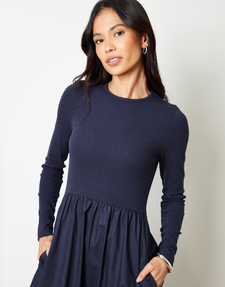 Navy Rib Jersey 2-in-1 Midi Dress with Poplin Skirt