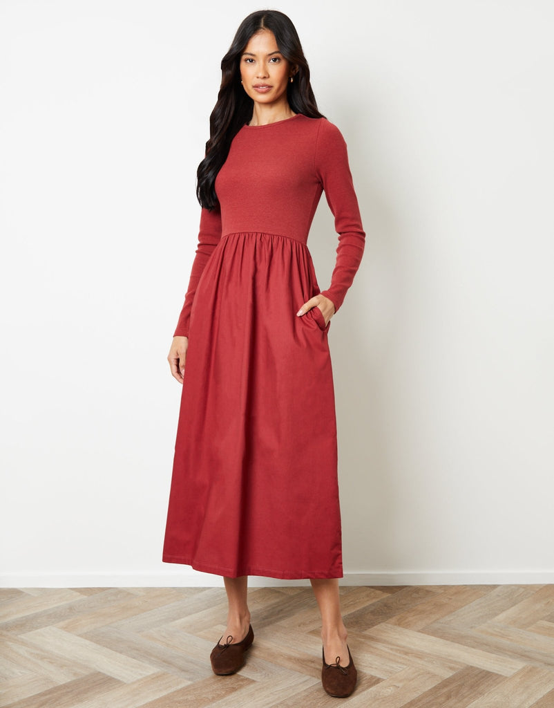 Classic Ribbed Midi Dress Poplin Skirt Rust