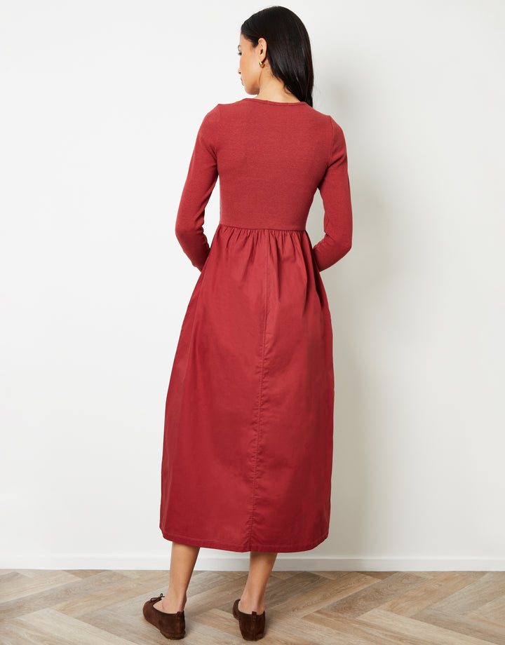 Rust Orange Rib Jersey 2-in-1 Midi Dress with Poplin Skirt
