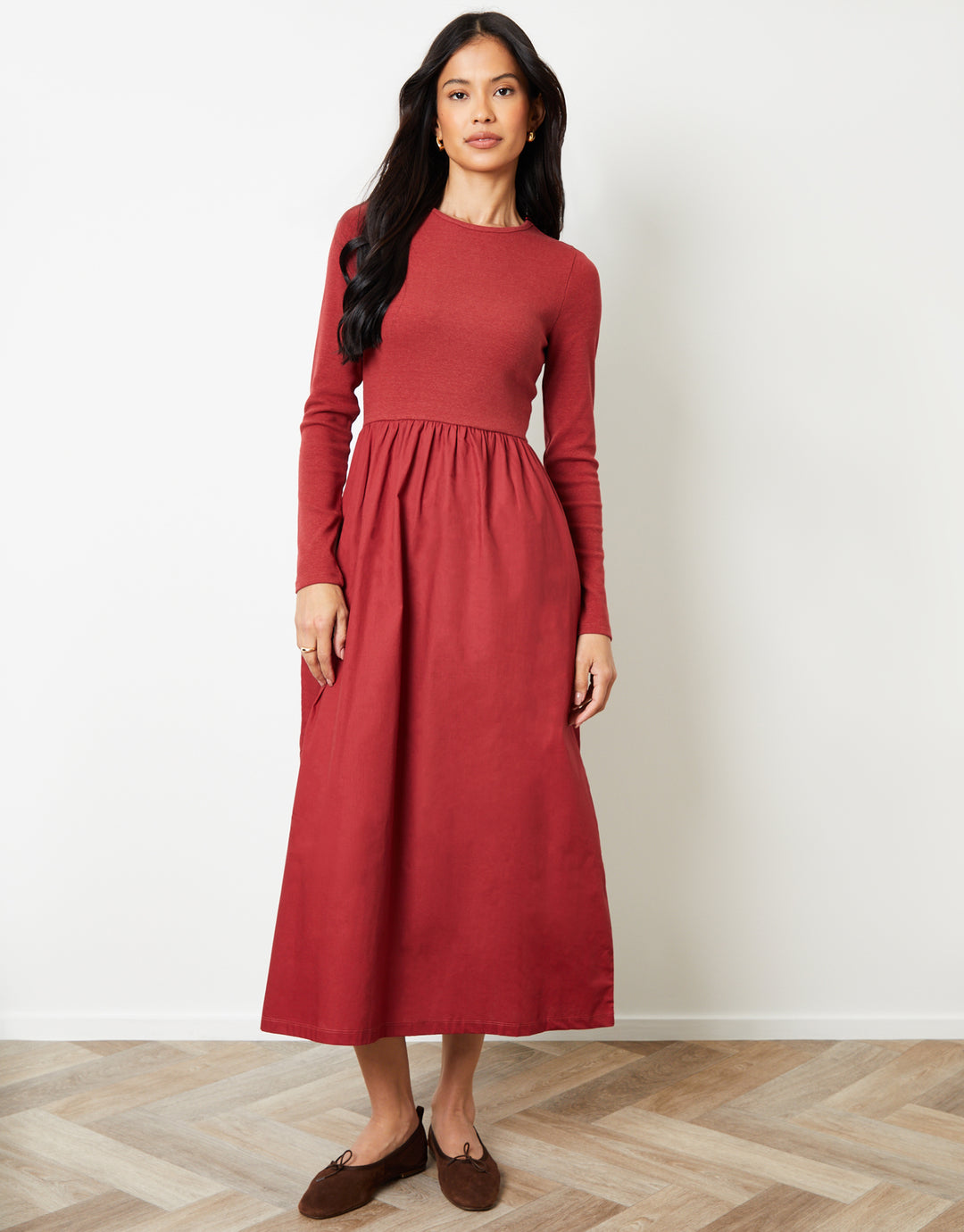 Rust Orange Rib Jersey 2-in-1 Midi Dress with Poplin Skirt
