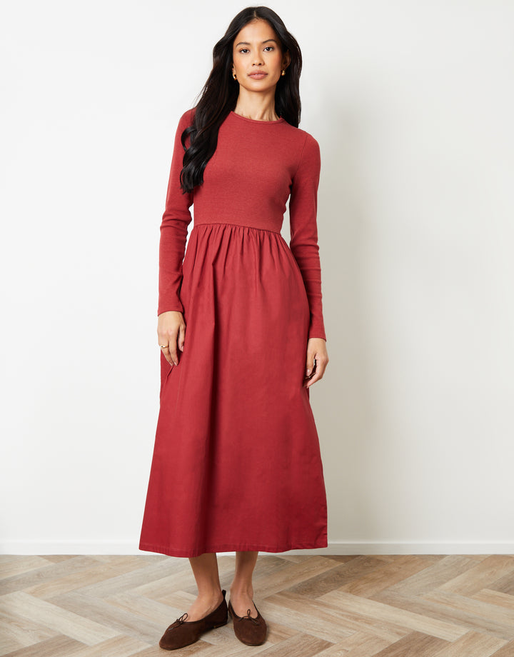 Rust Orange Rib Jersey 2-in-1 Midi Dress with Poplin Skirt