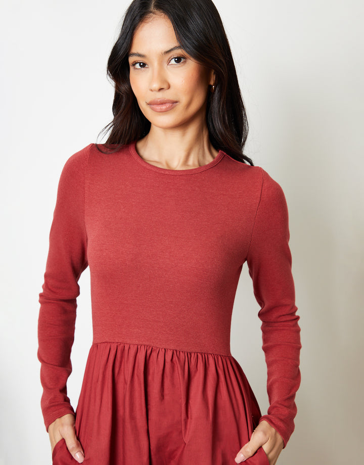 Rust Orange Rib Jersey 2-in-1 Midi Dress with Poplin Skirt