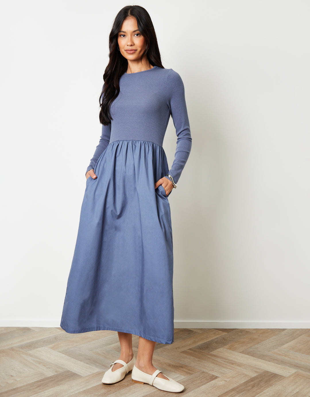 Threadbare Women's Blue Rib Jersey 2-in-1 Midi Dress with Poplin Skirt Threadbare Women's Blue Rib Jersey 2-in-1 Midi Dress with Poplin Skirt