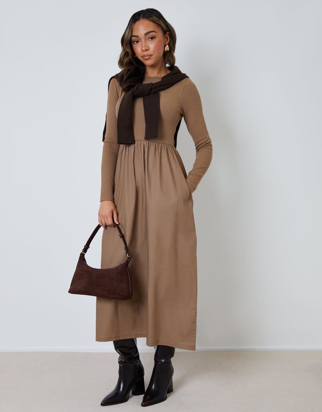 Rib Jersey 2-in-1 Midi Dress with Poplin Skirt in Taupe Rib Jersey 2-in-1 Midi Dress with Poplin Skirt in Taupe