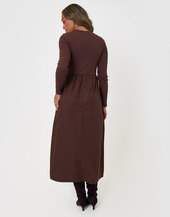 Threadbare Rib Jersey 2-in-1 Midi Dress with Poplin Skirt in Chocolate Brown - back view