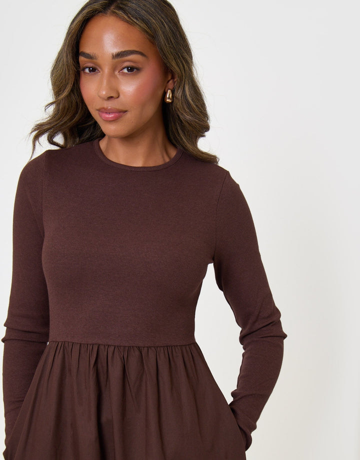 Threadbare Rib Jersey 2-in-1 Midi Dress with Poplin Skirt in Chocolate Brown - detail