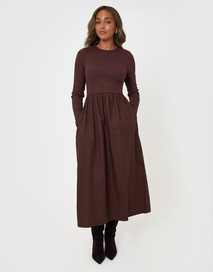 Threadbare Rib Jersey 2-in-1 Midi Dress with Poplin Skirt in Chocolate Brown - full body