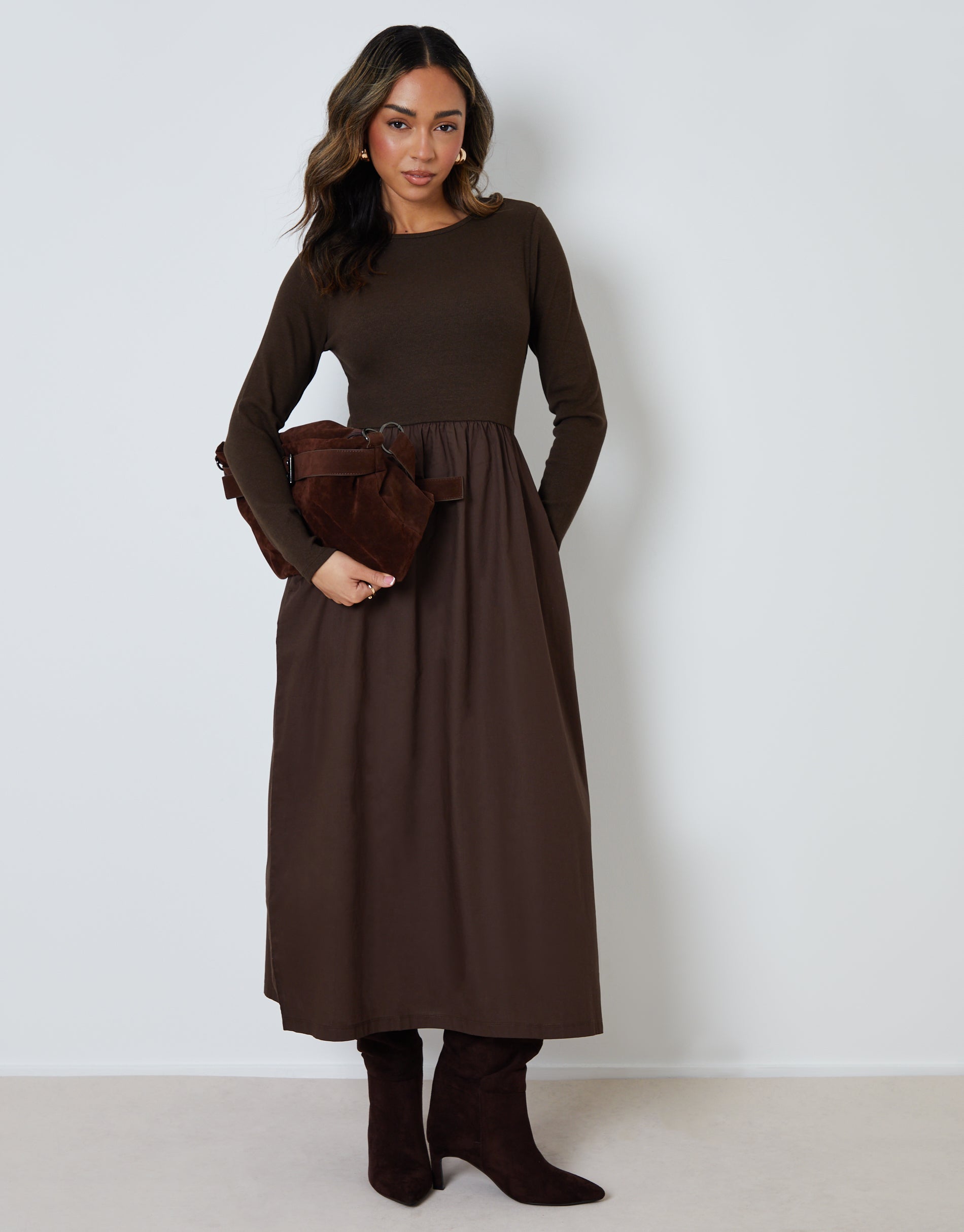 Threadbare Women's Chocolate Brown Rib Jersey 2-in-1 Midi Dress