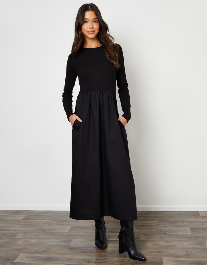 Black Rib Jersey 2-in-1 Midi Dress with Poplin Skirt