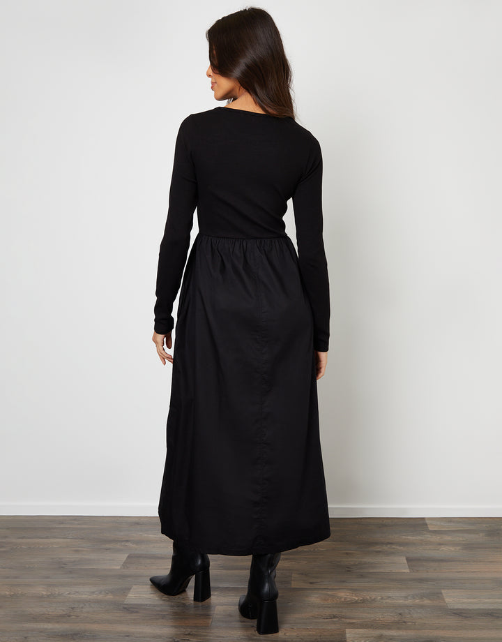 Black Rib Jersey 2-in-1 Midi Dress with Poplin Skirt
