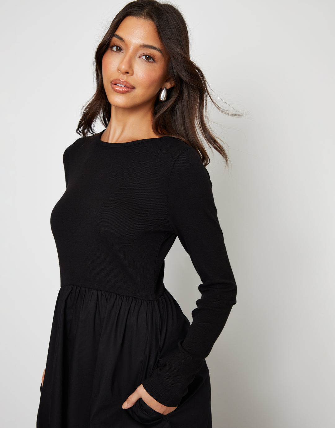 Black Rib Jersey 2-in-1 Midi Dress with Poplin Skirt