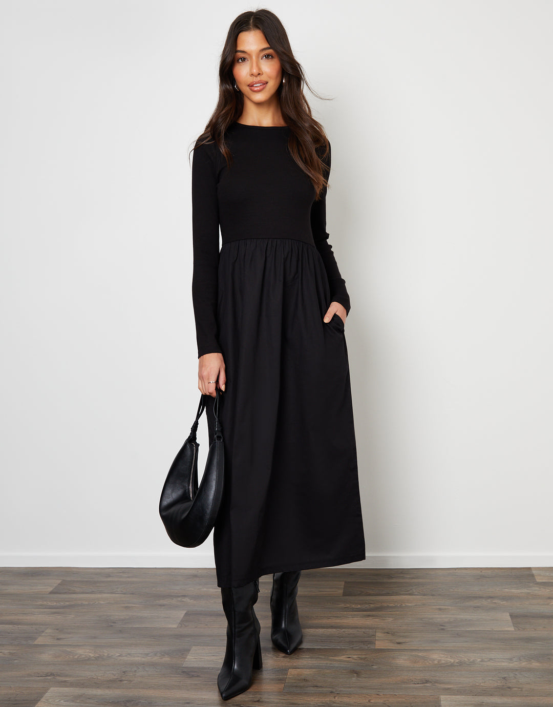 Black Rib Jersey 2-in-1 Midi Dress with Poplin Skirt