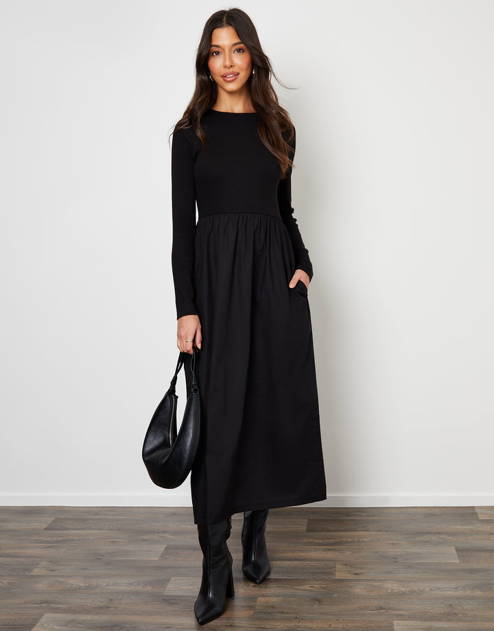 Black Rib Jersey 2-in-1 Midi Dress with Poplin Skirt