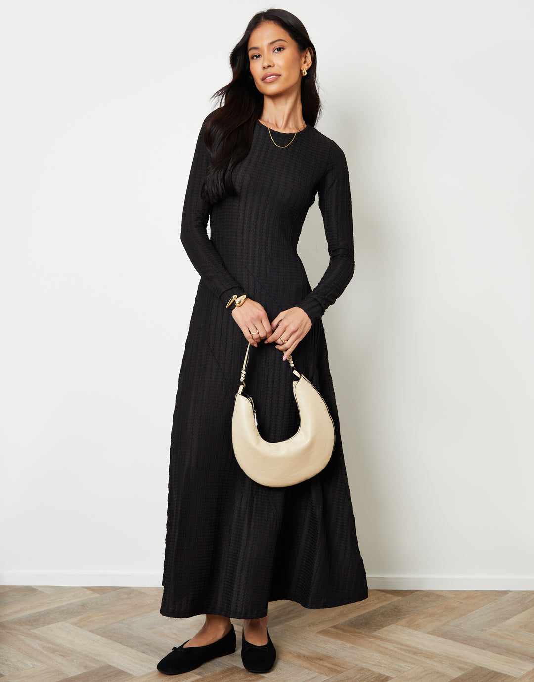 Black Textured Jersey Seam Detail Maxi Dress