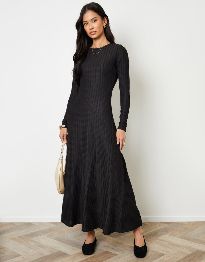 Black Textured Jersey Seam Detail Maxi Dress
