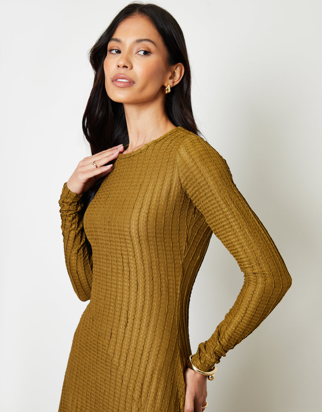 Olive Green Textured Jersey Seam Detail Maxi Dress