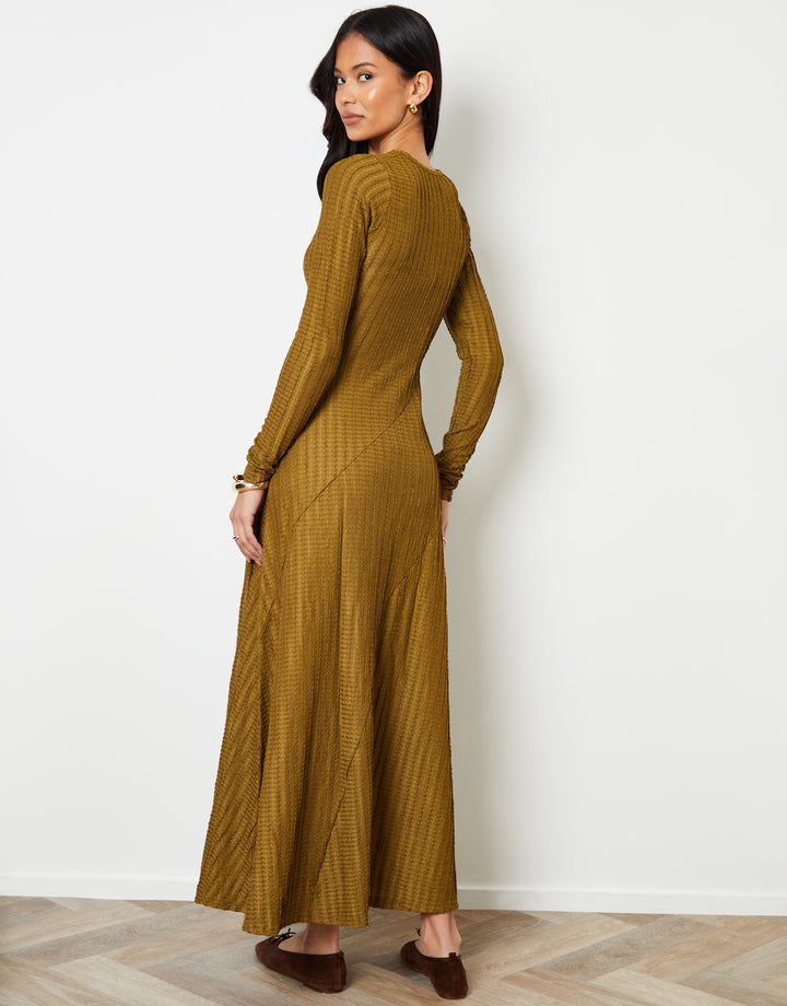 Olive Green Textured Jersey Seam Detail Maxi Dress