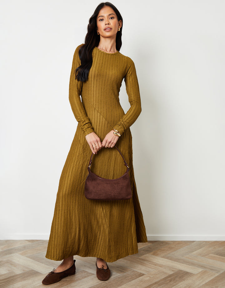 Olive Green Textured Jersey Seam Detail Maxi Dress