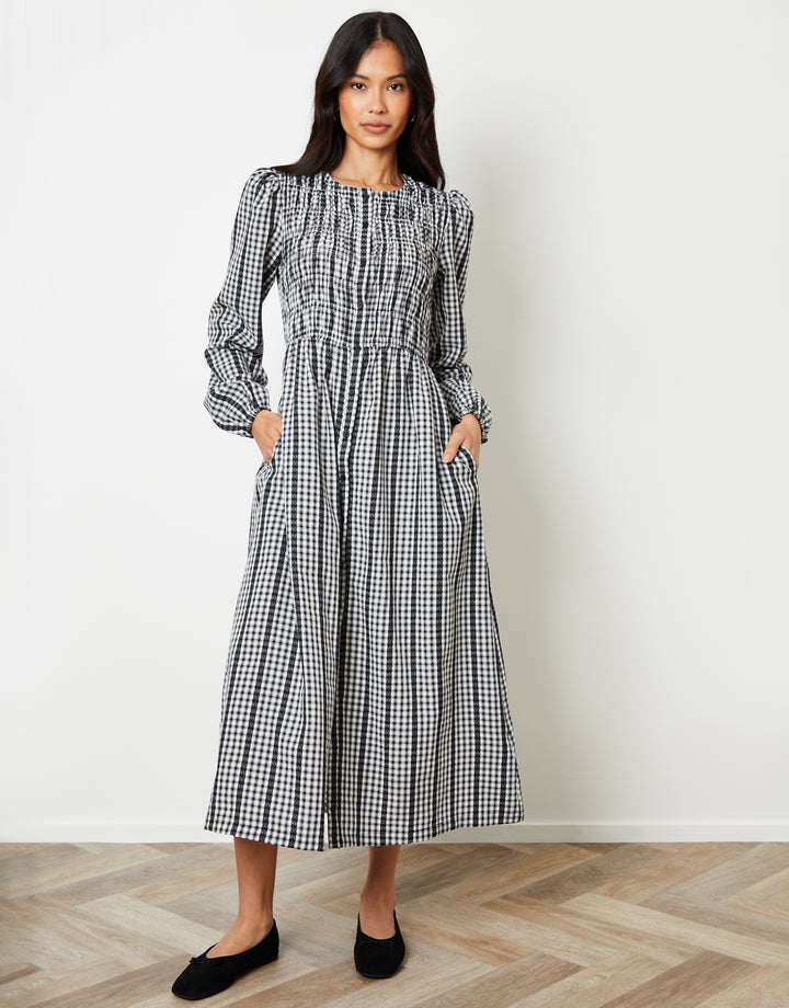 Mono Gingham Check Shirred Detail Midi Dress