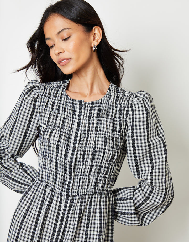 Mono Gingham Check Shirred Detail Midi Dress