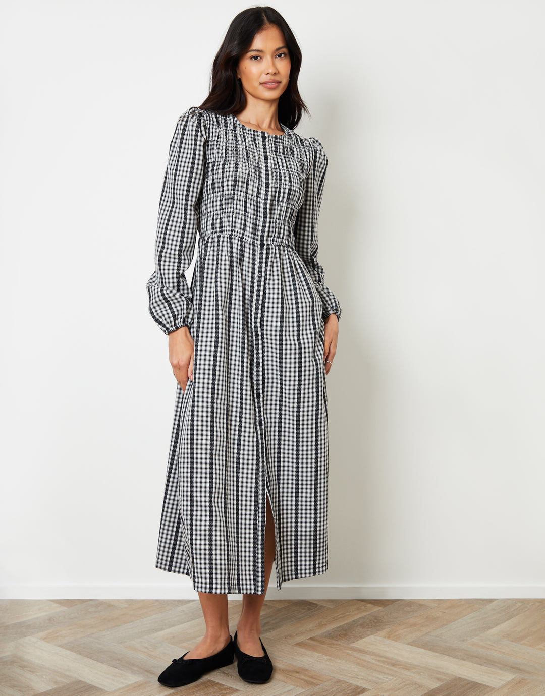 Mono Gingham Check Shirred Detail Midi Dress