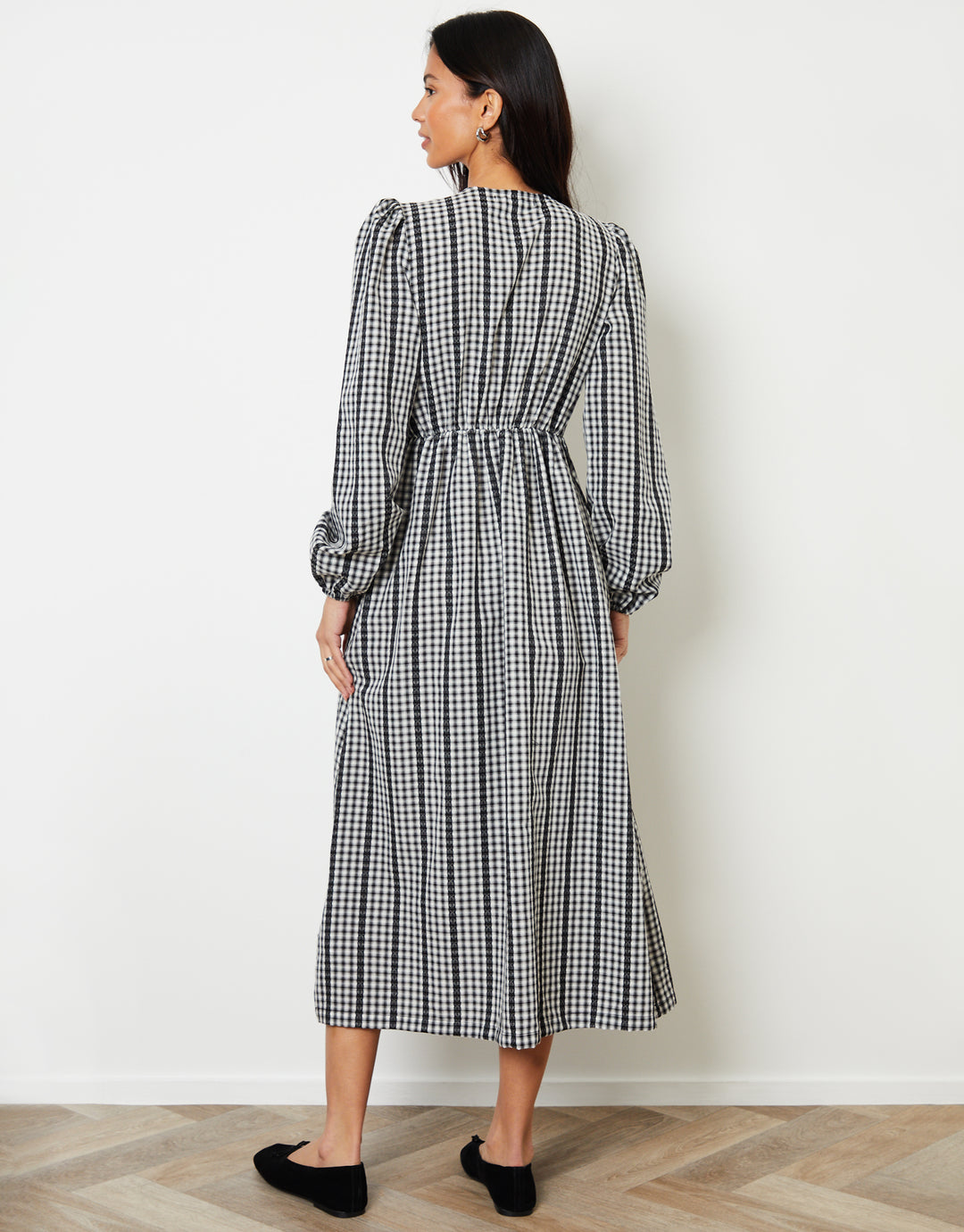 Mono Gingham Check Shirred Detail Midi Dress