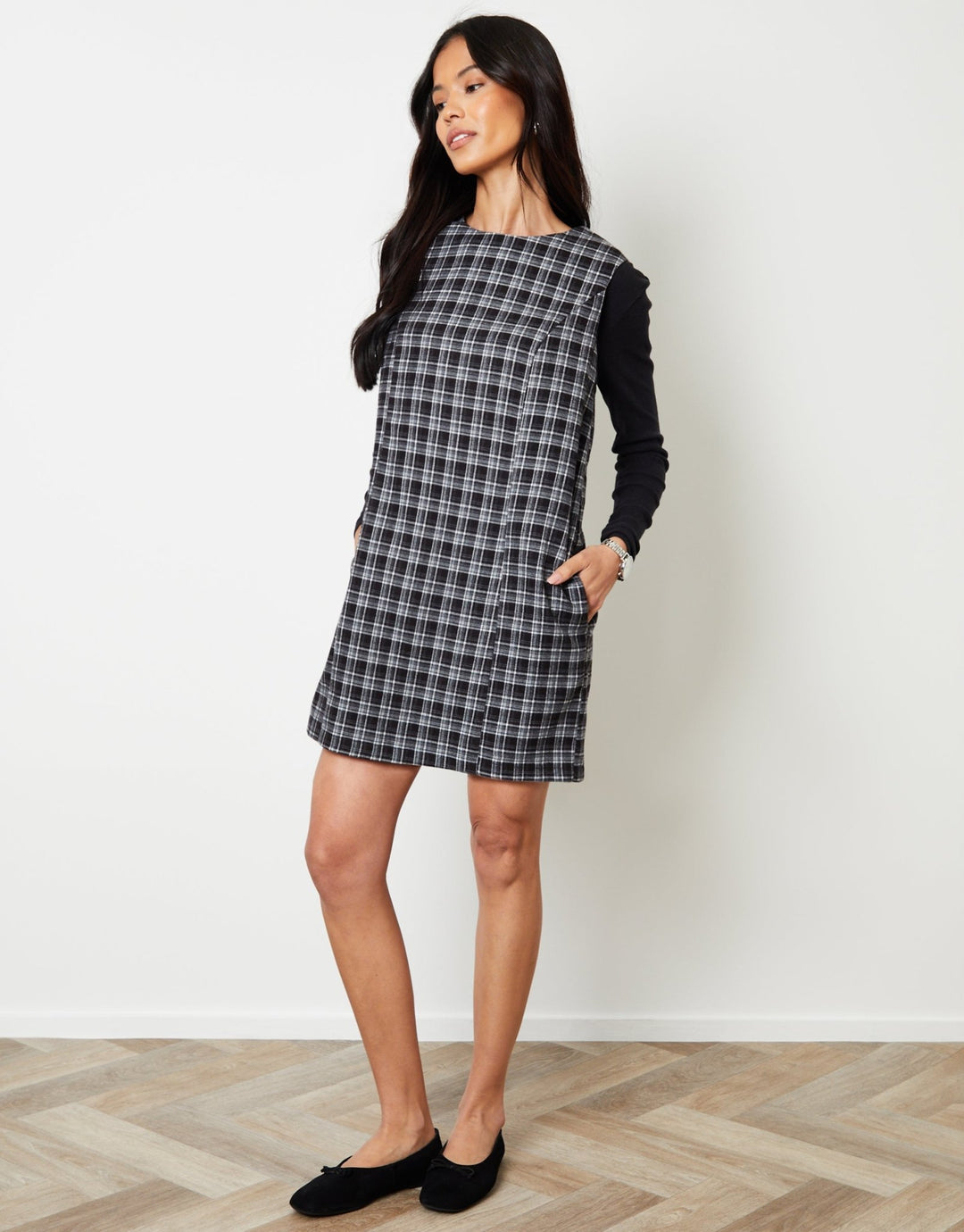 Threadbare Women's A-Line Mini Pinafore Dress in Mono Check