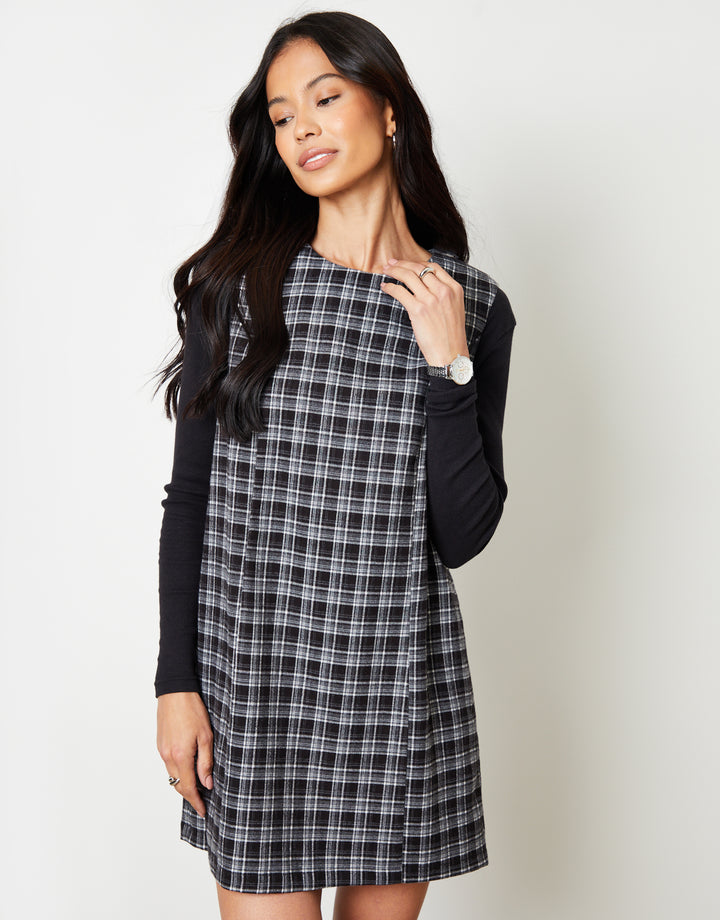 Mono Check A-Line Mini Pinafore Dress