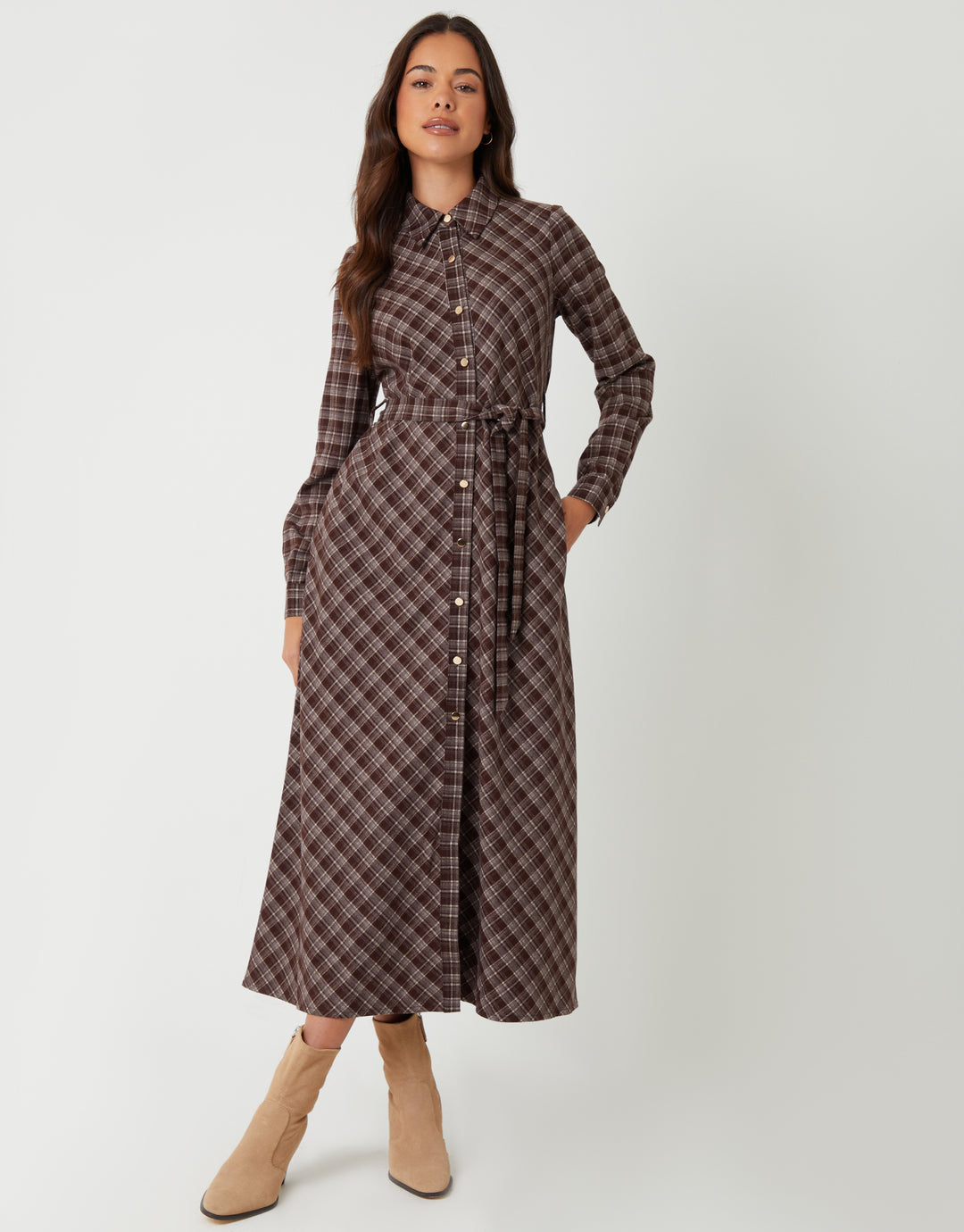 Chocolate Brown Check Belted Midi Shirt Dress
