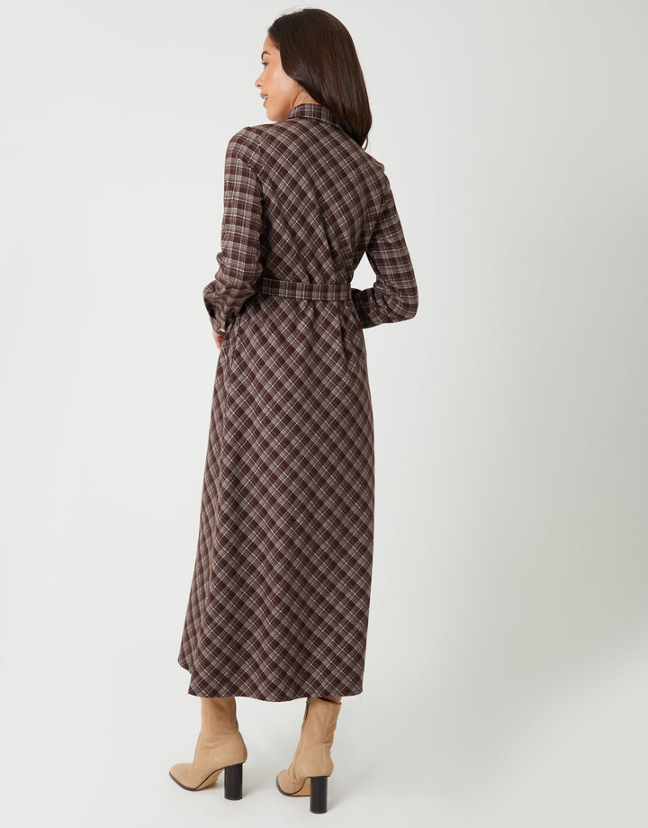 Chocolate Brown Check Belted Midi Shirt Dress