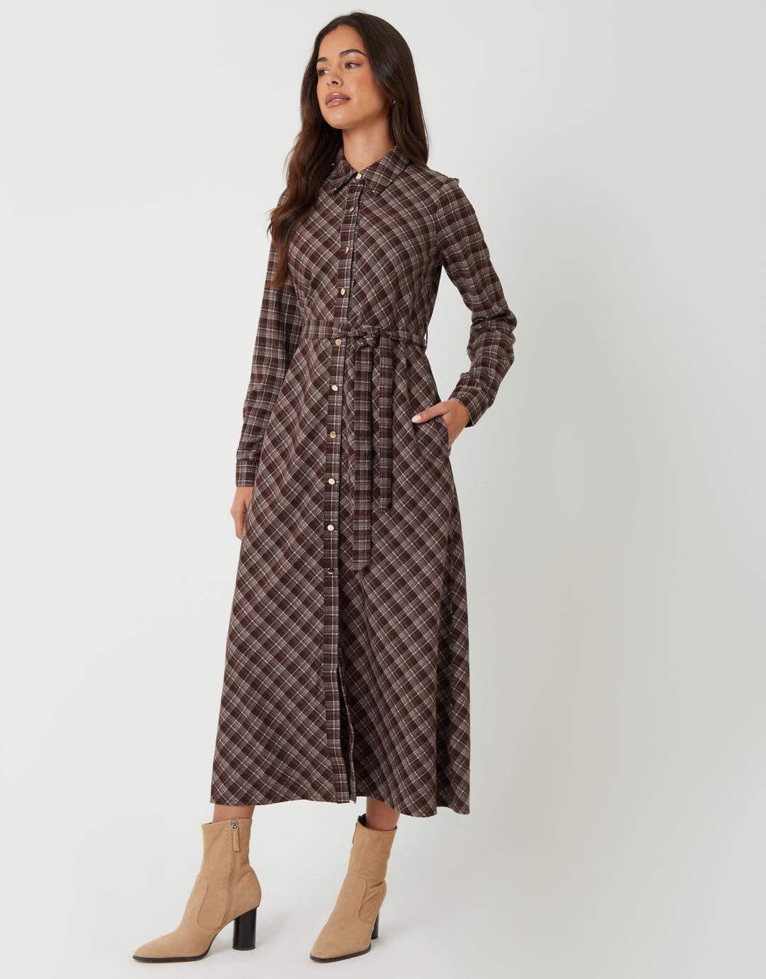 Chocolate Brown Check Belted Midi Shirt Dress