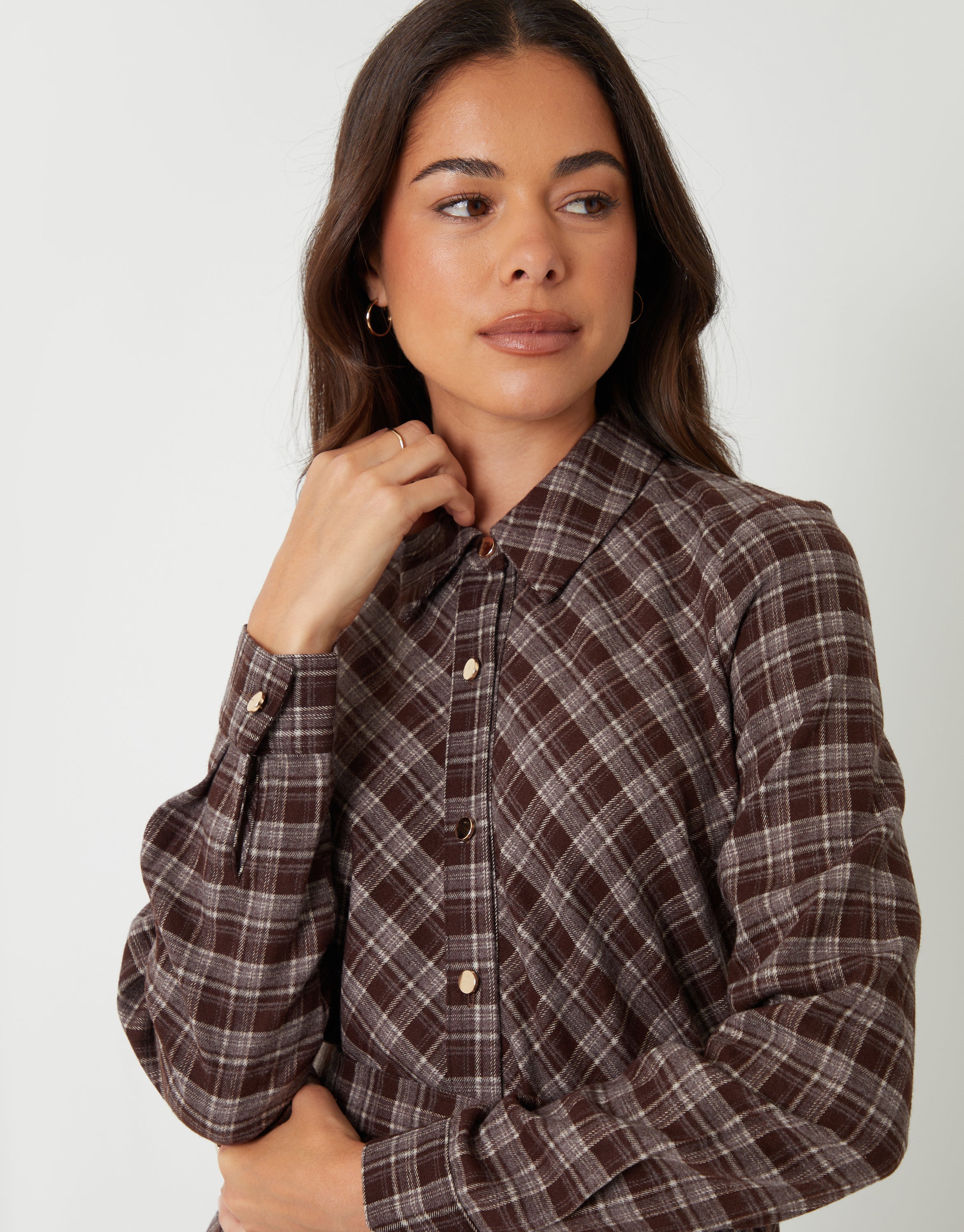 Threadbare Women's Chocolate Brown Check Belted Midi Shirt Dress