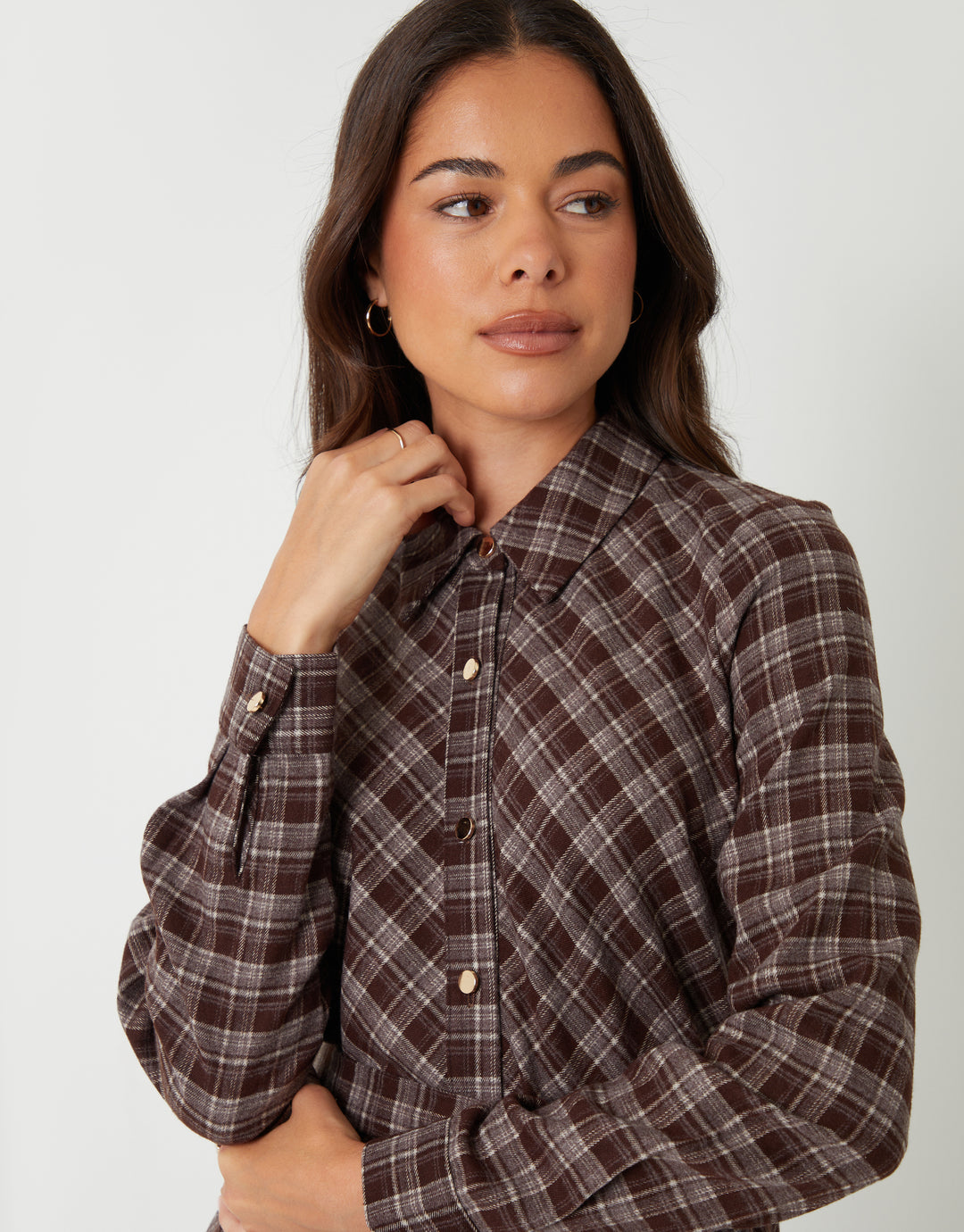 Chocolate Brown Check Belted Midi Shirt Dress