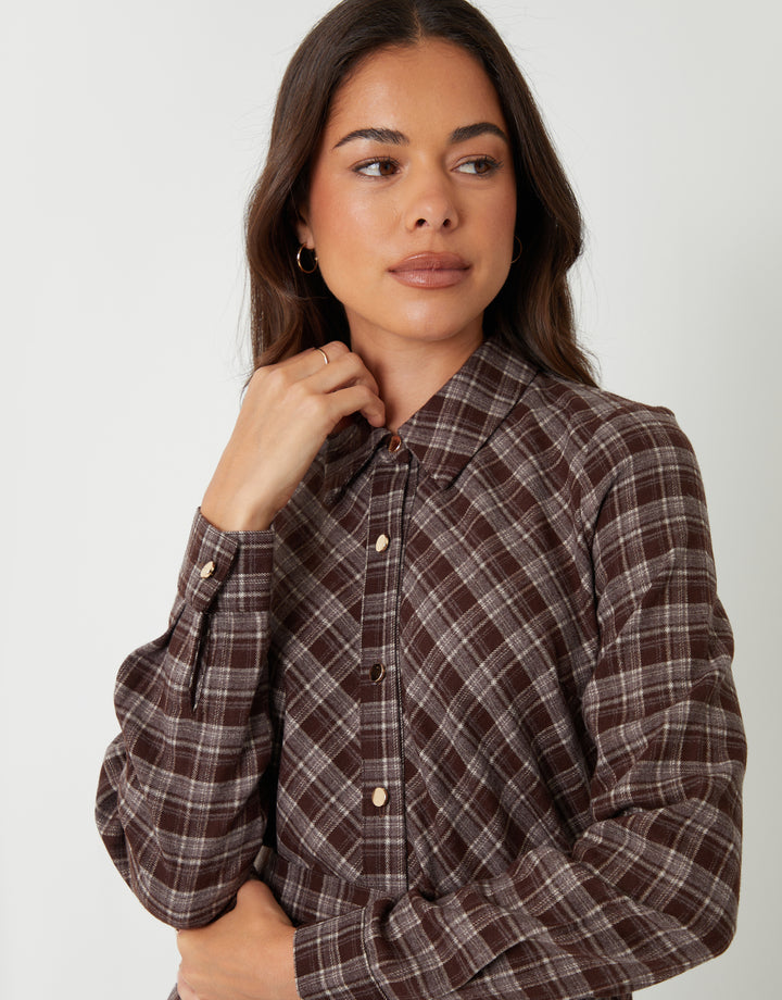 Chocolate Brown Check Belted Midi Shirt Dress