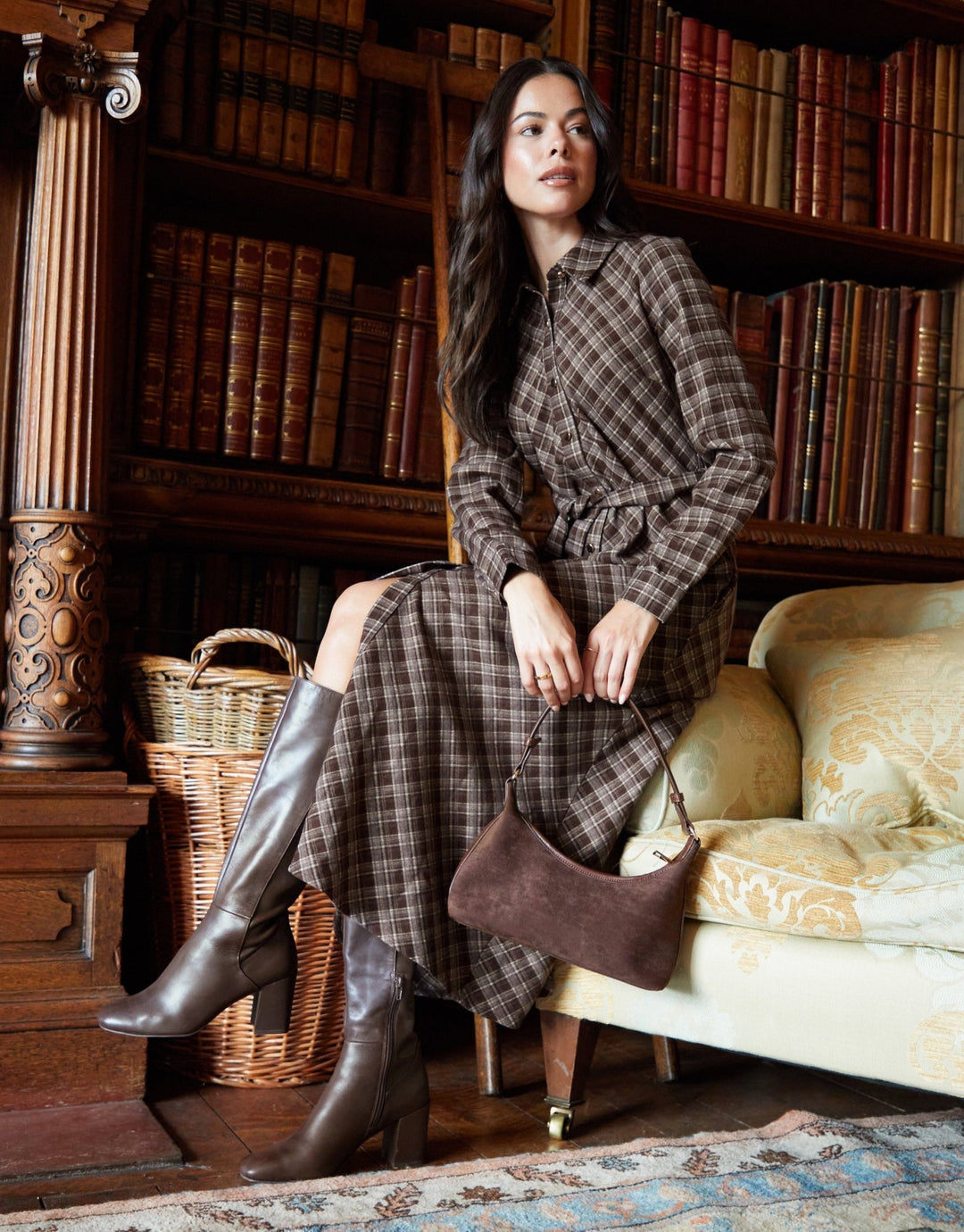 Threadbare Women's Belted Midi Shirt Dress in Chocolate Check