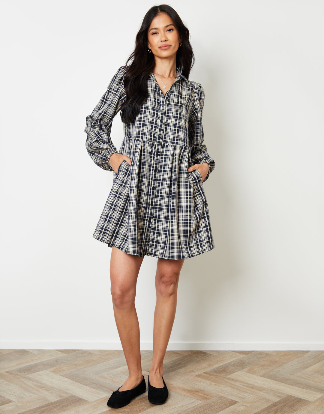 Navy Check Mini Shirt Dress
