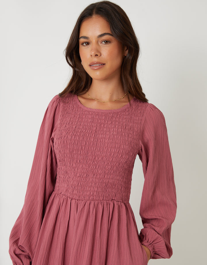 Pink Textured Shirred Balloon Sleeve Midi Dress
