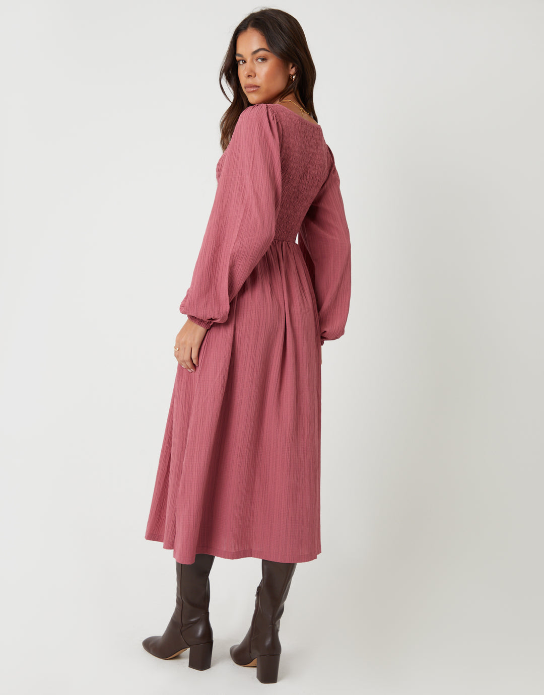 Pink Textured Shirred Balloon Sleeve Midi Dress