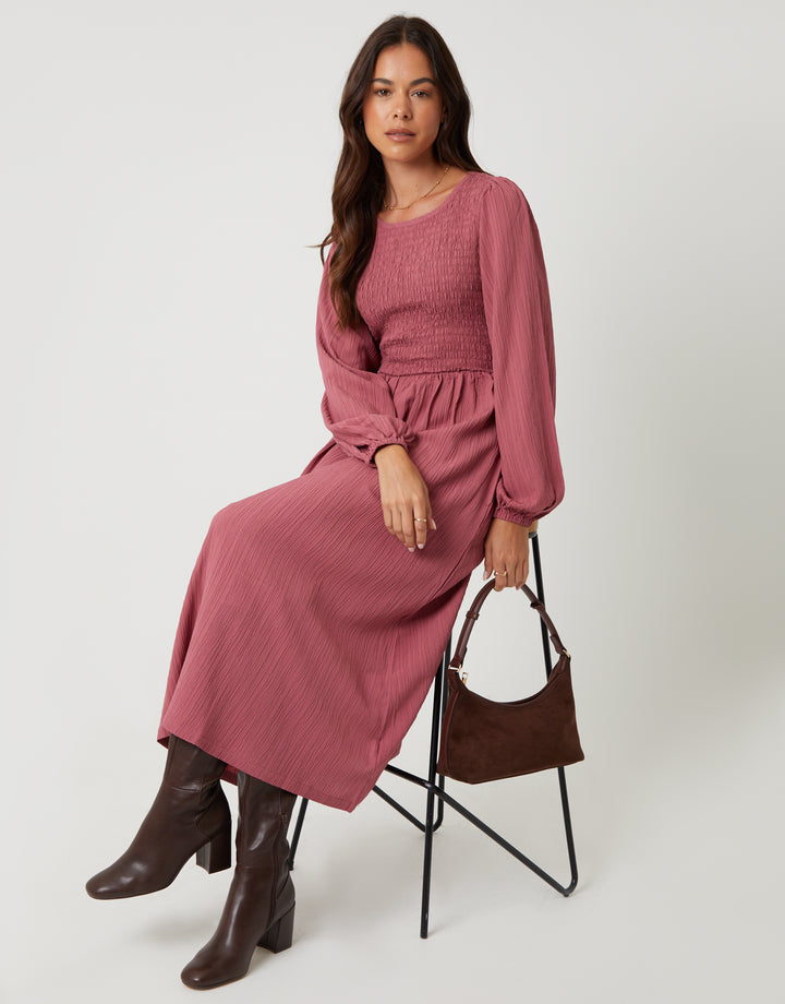 Pink Textured Shirred Balloon Sleeve Midi Dress