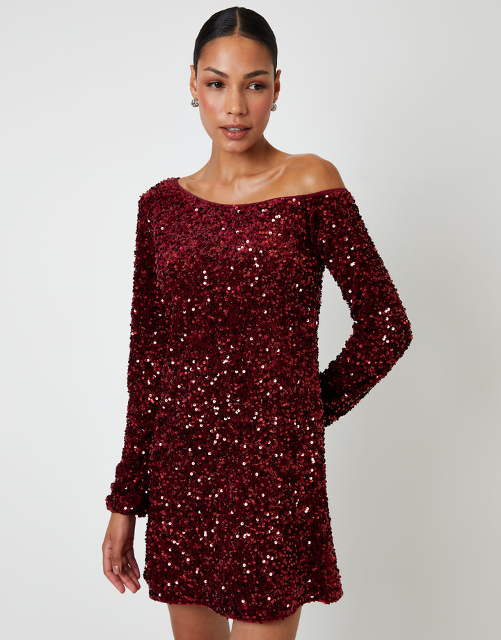 Berry Red Sequin Velour Slash Neck Mini Dress