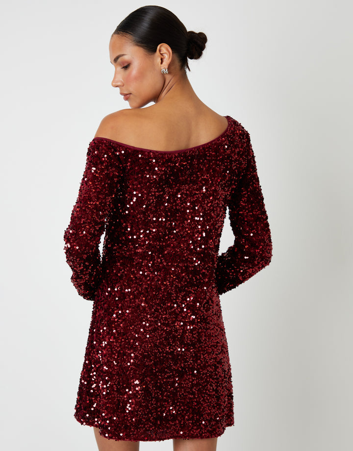 Berry Red Sequin Velour Slash Neck Mini Dress