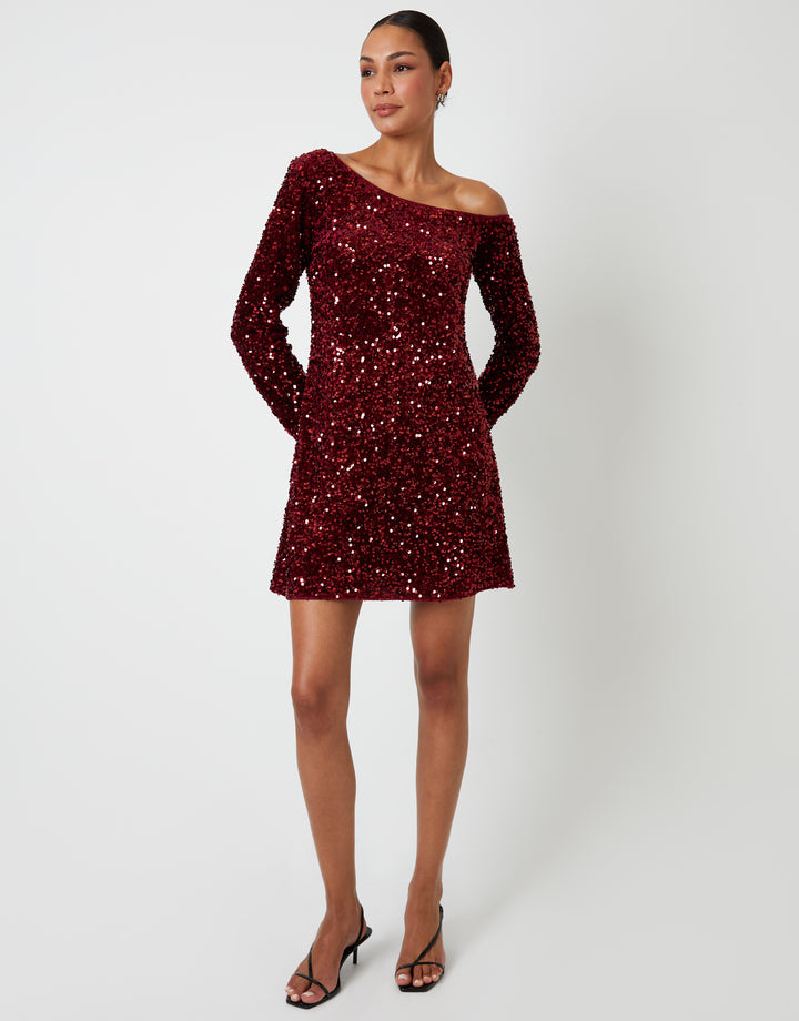 Berry Red Sequin Velour Slash Neck Mini Dress