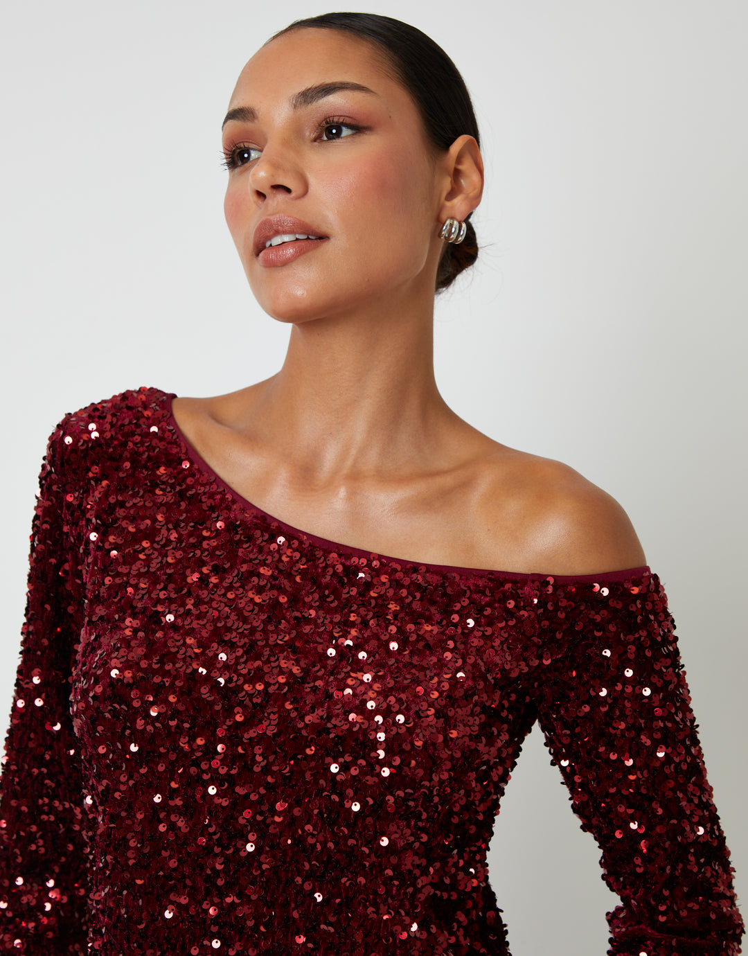 Berry Red Sequin Velour Slash Neck Mini Dress