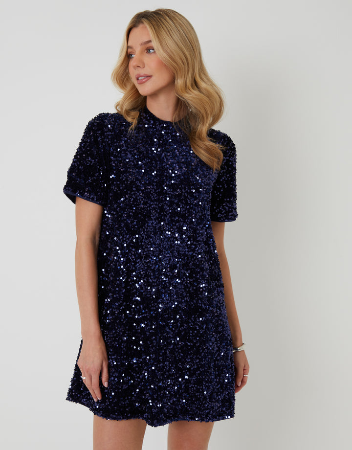 Navy High Neck Sequin Velour Mini Dress
