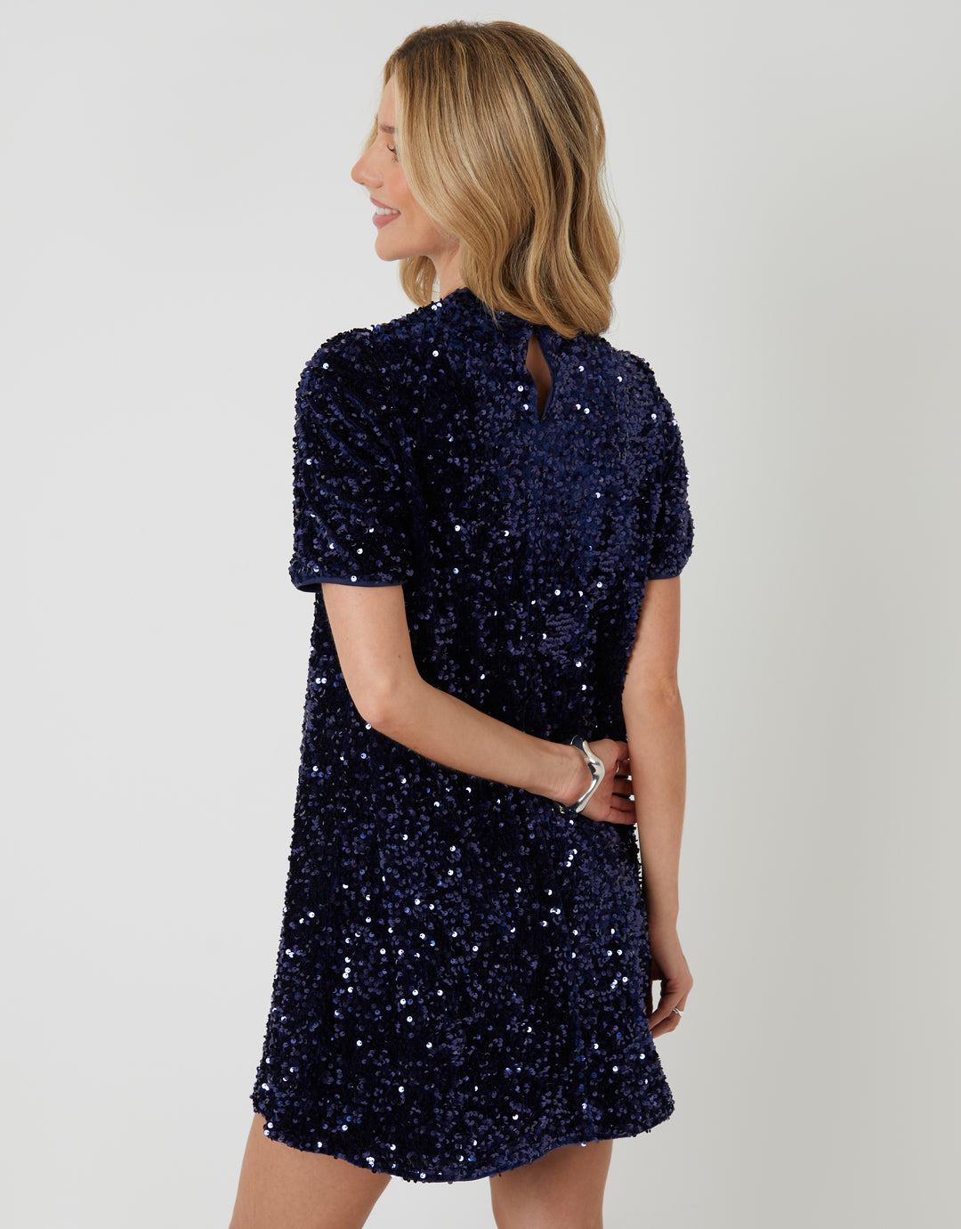 Navy High Neck Sequin Velour Mini Dress
