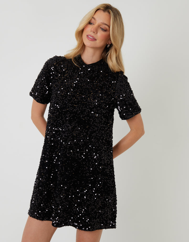 Black High Neck Sequin Velour Mini Dress