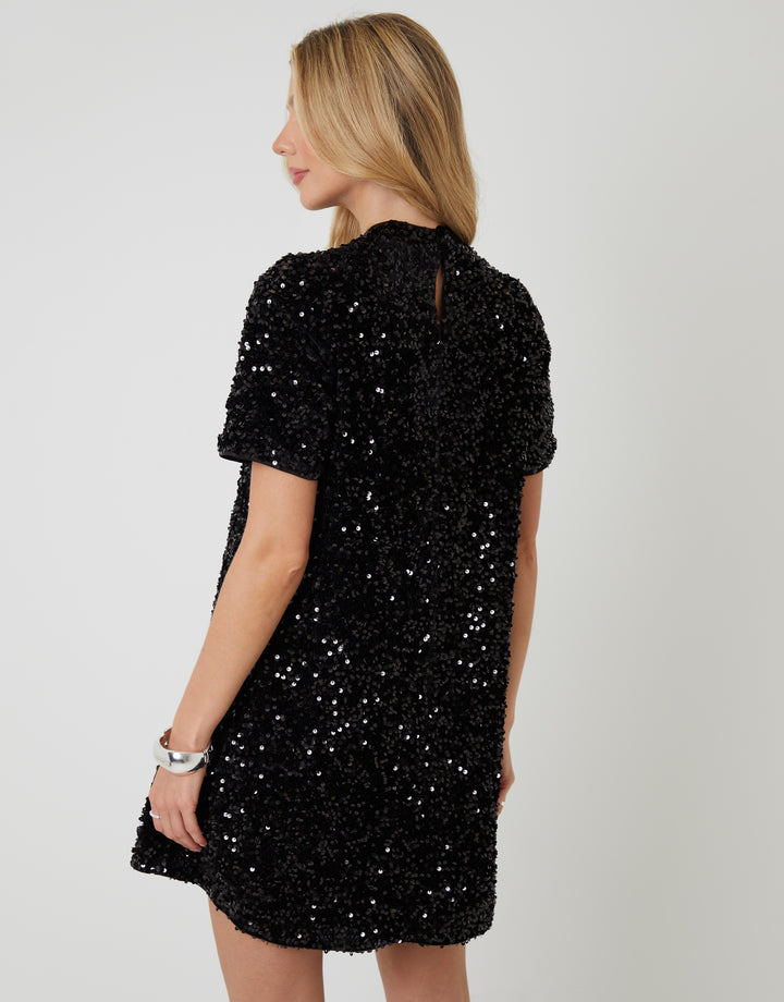 Black High Neck Sequin Velour Mini Dress