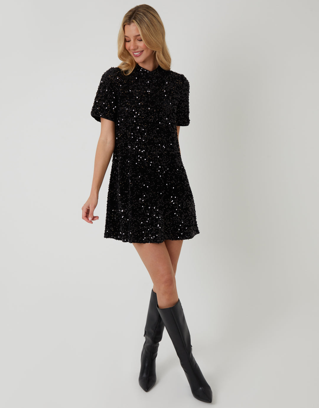 Black High Neck Sequin Velour Mini Dress