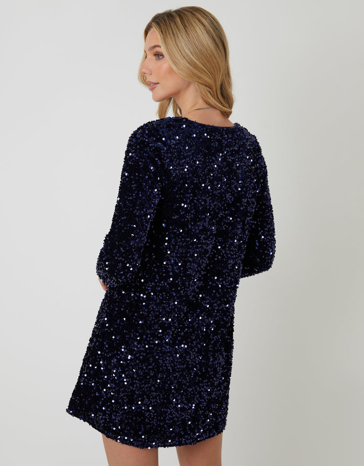 Navy Sequin Velour V Neck Mini Dress